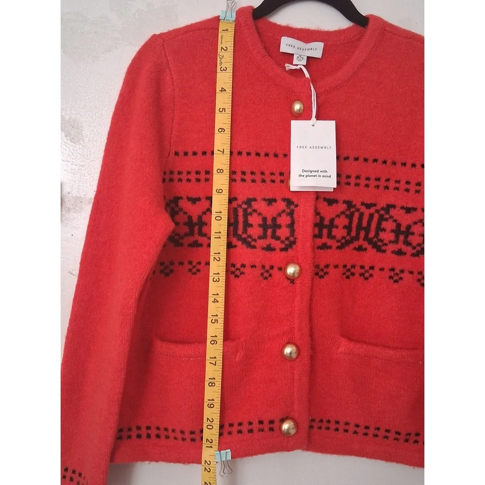 Free Assembly‎ Womens Red Fair Isle Button Front Cardigan Sweater Gold Buttons M